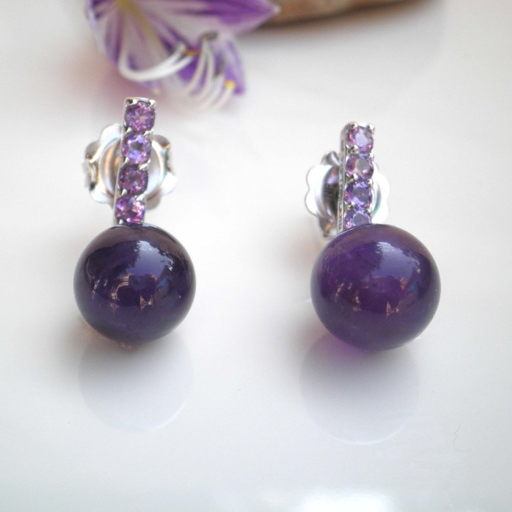 Genuine Amethyst Gemstone 925 Sterling Silver Two in One Post Earrings